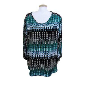 Cato Blouse Women Plus 26/28 Ikat Blue Green Boho Artsy Sleeve Ladder Cutout
